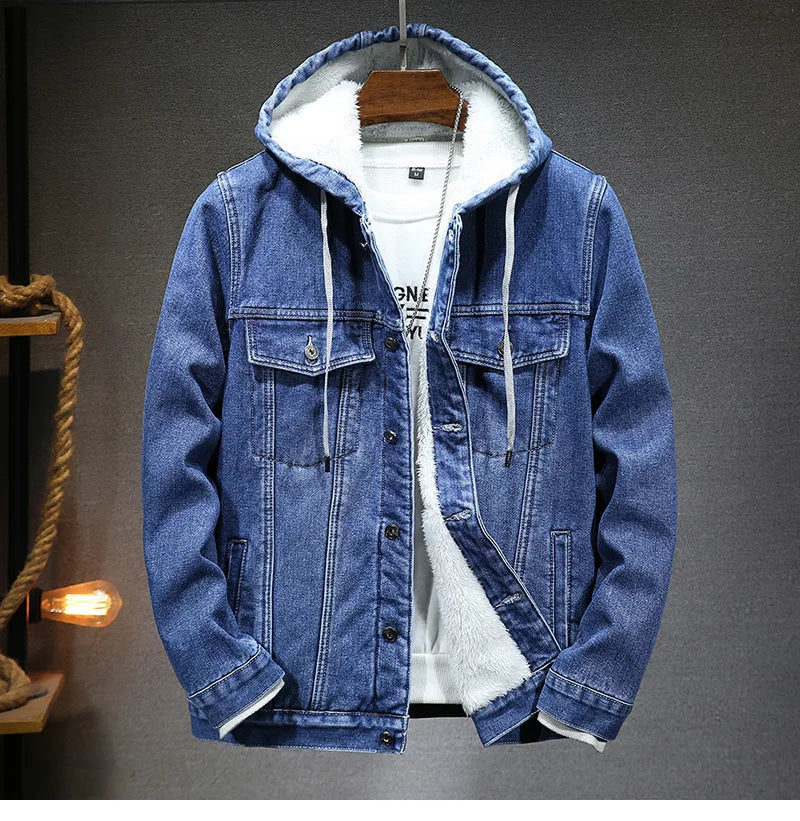 Men's Winter Hooded Denim Jacket – Fleece Thick Thermal Warm Coat