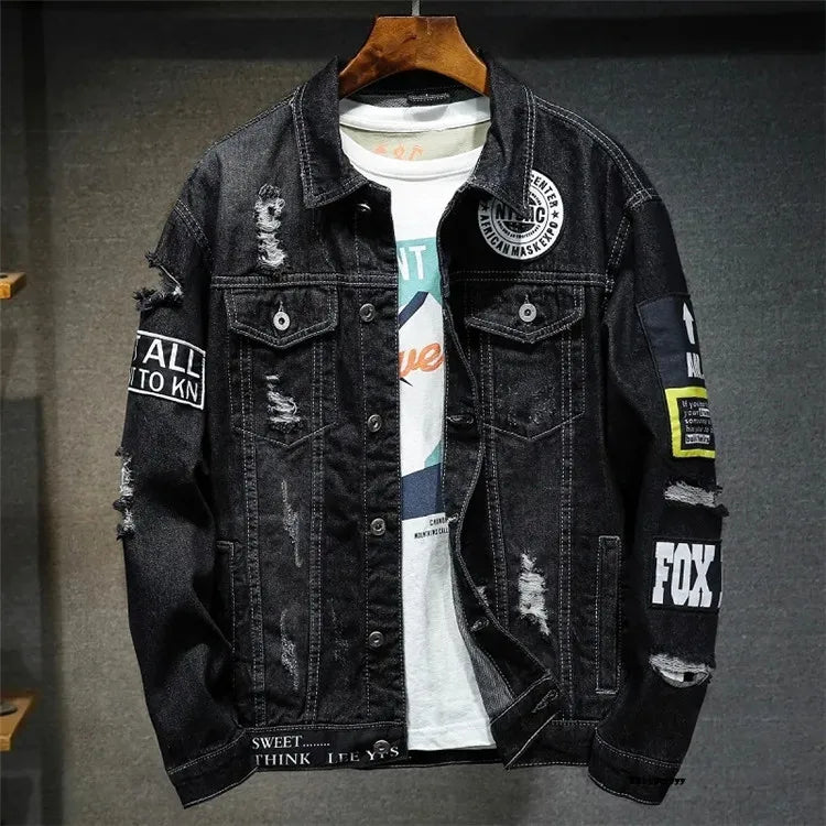 Men Brand Denim Jacket Streetwear Punk Motorcycle Ripped Male Jeans Outwear