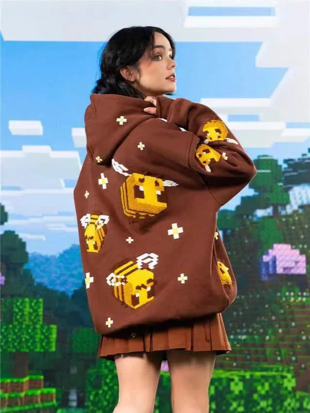 Brown Pixel Bee Zip-Up Hoodie – Y2K Kawaii Streetwear
