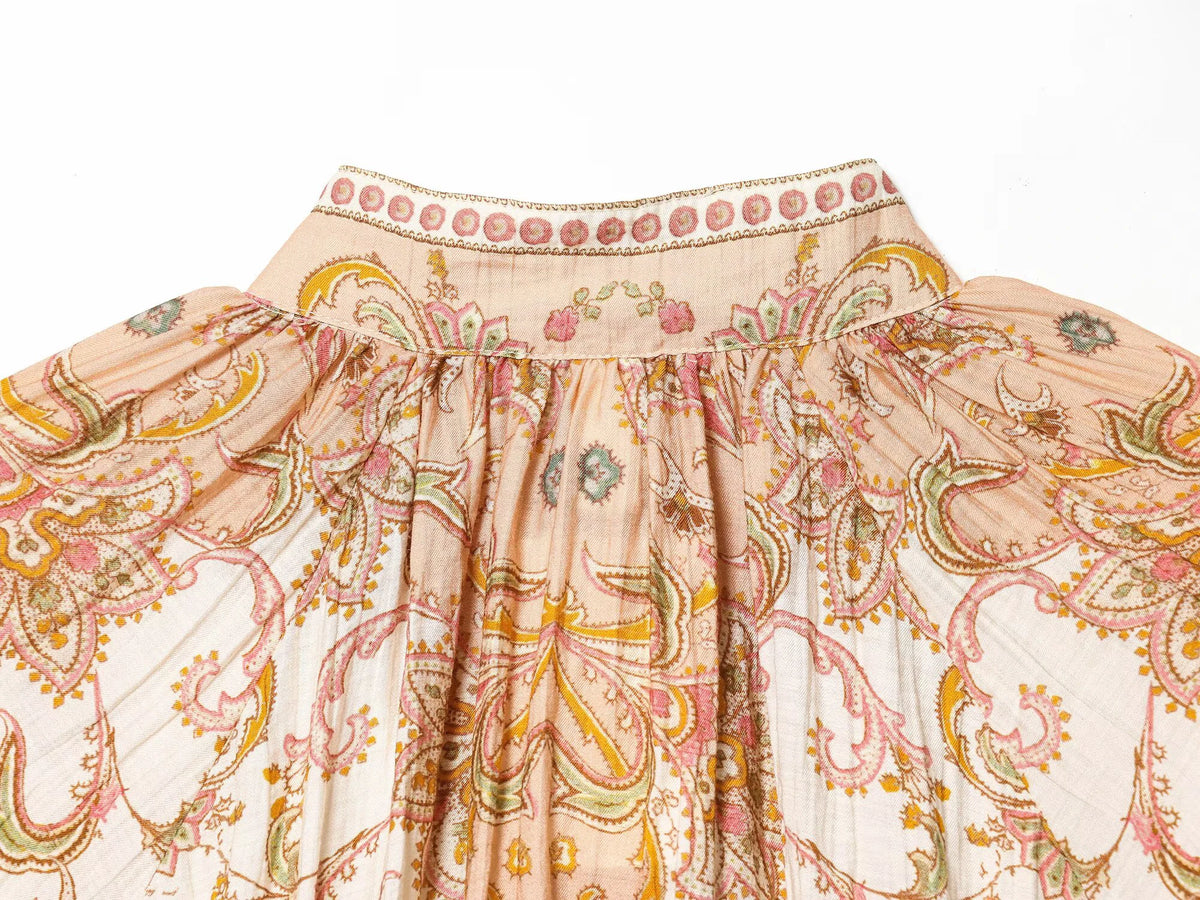 Women’s Retro Printed Pleated Blouse – Elegant Single-Breasted Top | Chic European & American Style