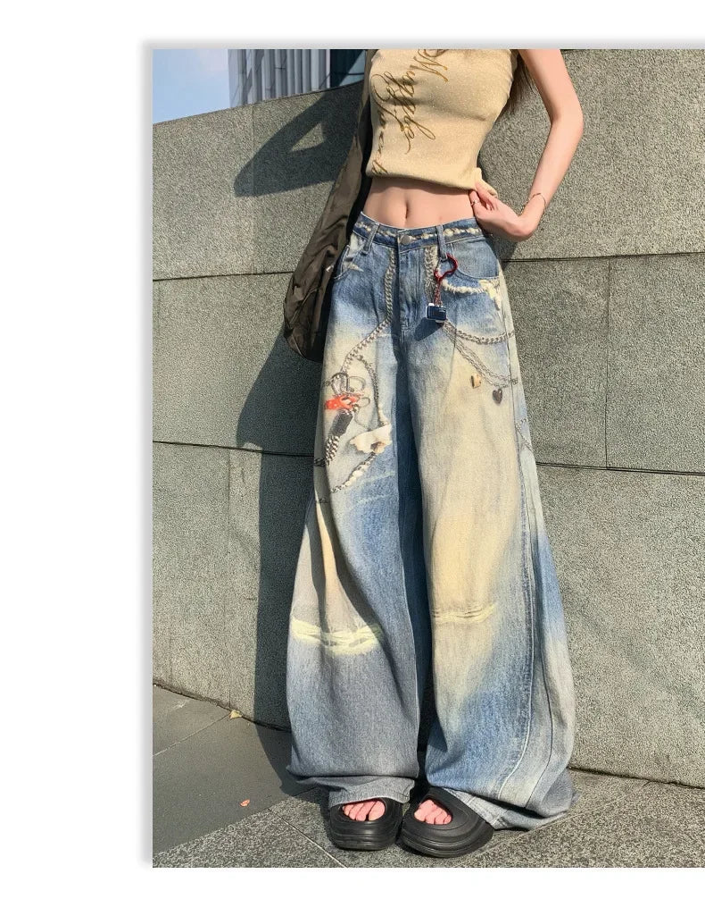 Mary's American Retro 3D Printed Chain Design Loose Wide Leg Denim Jeans