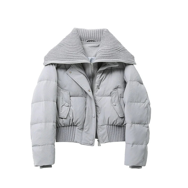 Women’s Korean-Style Padded Jacket – Thick Cropped Two-Piece Look, Turn-Down Collar Winter Coat for Autumn & Winter