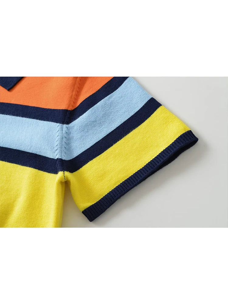 Women’s Striped Knitted Polo Shirt – Colorful Short Sleeve Summer Pullover Top