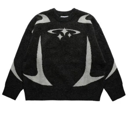 Unisex Jacquard Letter Sweater – Contrast Color Round Neck Knitwear, Trendy High Street Couple-Style Pullover