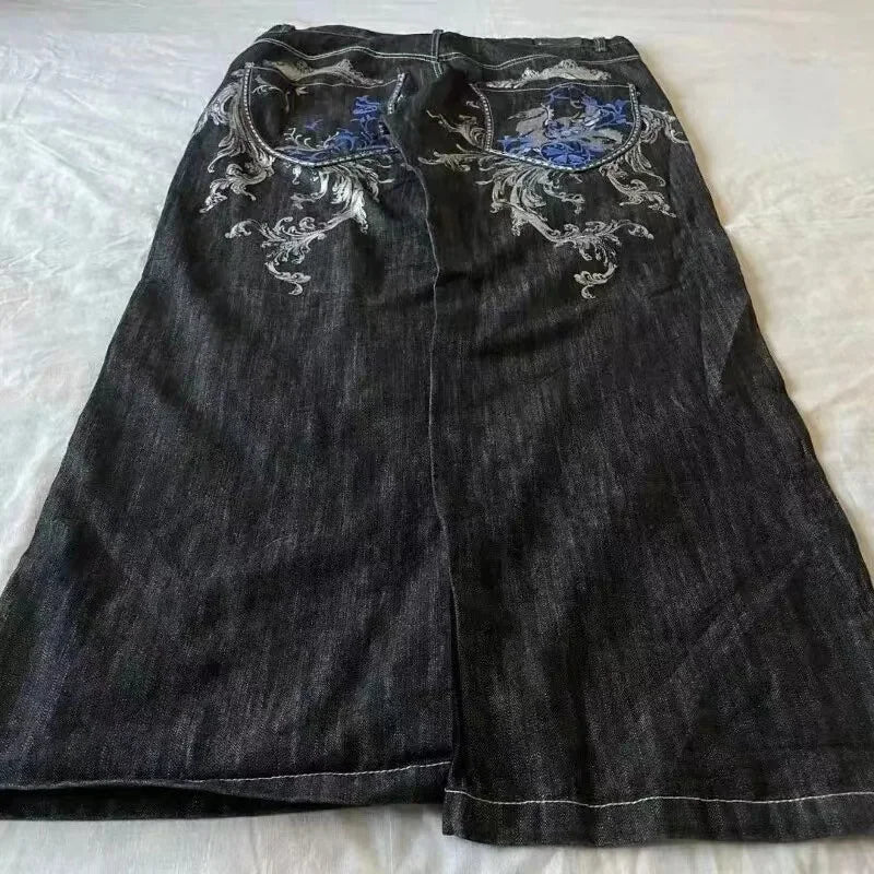 Unisex Washed Denim Trousers | Retro Letter Detail, Loose Straight Fit with Subtle Flared Leg | Trendy High Street Jeans