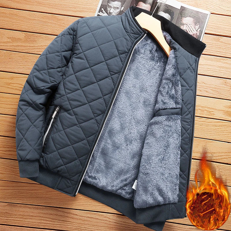 Men’s Winter Bomber Jacket – Diamond Pattern Fleece-Lined Casual Coat