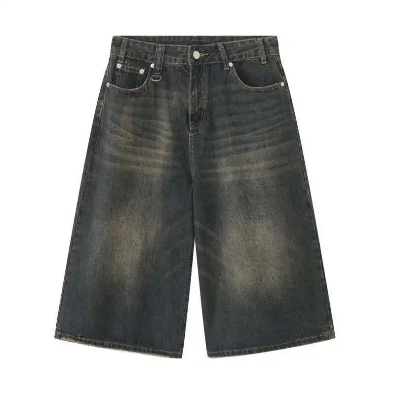 IEFB Men’s Vintage Wide-Leg Denim Shorts – Loose Fit Washed Knee-Length Jeans | Korean Summer Streetwear