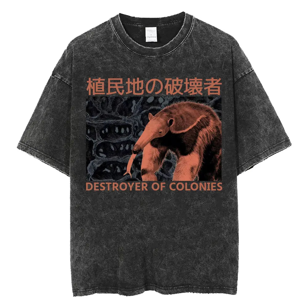 Unisex Funny Cat Graphic T-Shirt – Vintage Japanese-Style Washed Tee | Oversized Casual Streetwear