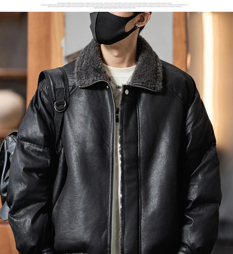 Men’s Faux Fur-Lined Leather Jacket – Warm Motorcycle-Inspired Coat | Vintage Loose-Fit Winter Streetwear Outerwearja