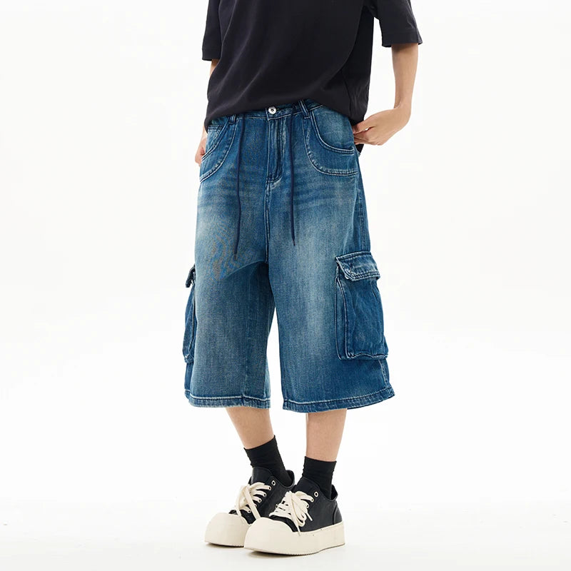 Men’s Washed Denim Cropped Pants – Loose Wide-Leg Multi-Pocket Streetwear Jeans