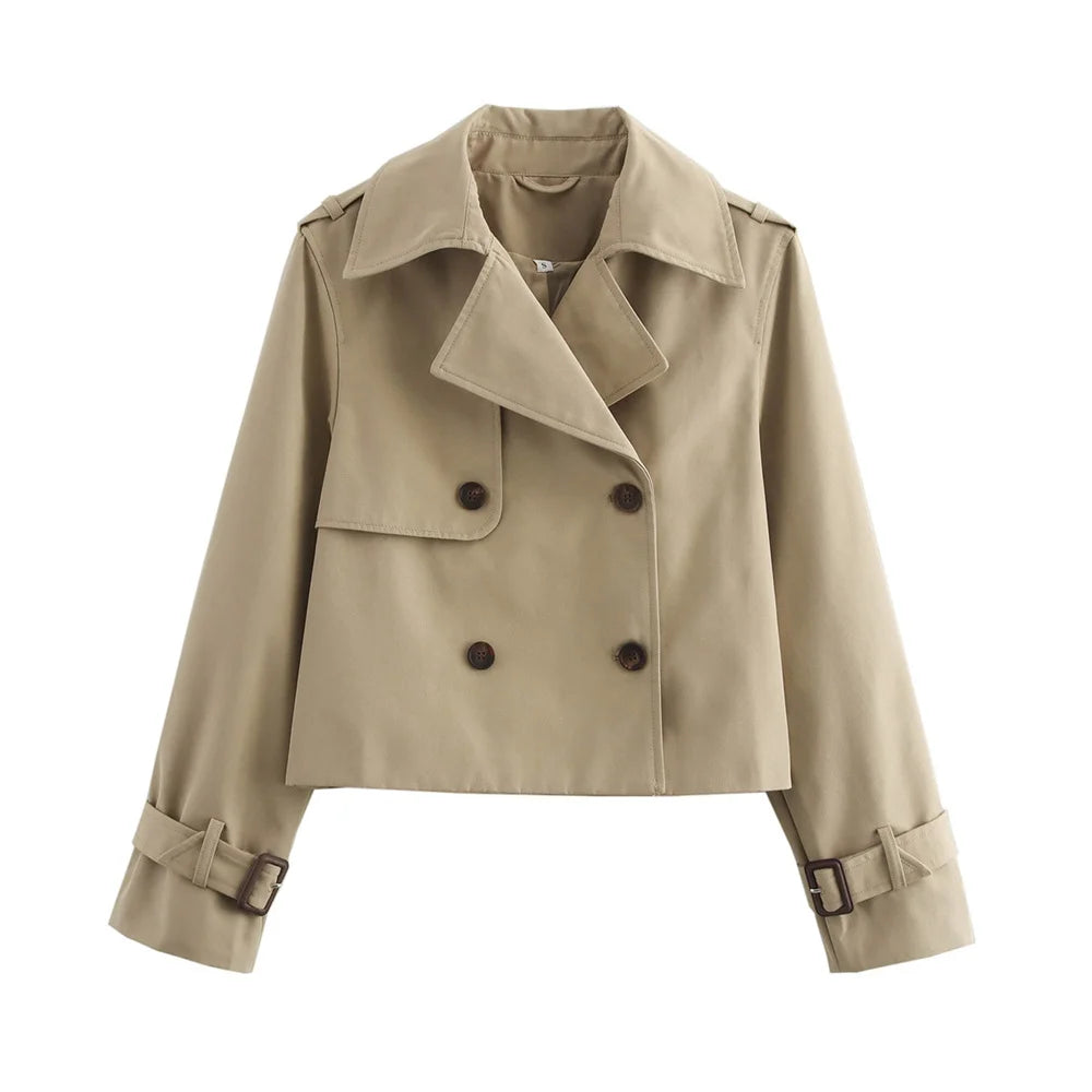 Women’s Vintage Cropped Trench Jacket – Double-Breasted Long Sleeve Streetwear Coat, Chic Spring & Autumn Outerwears