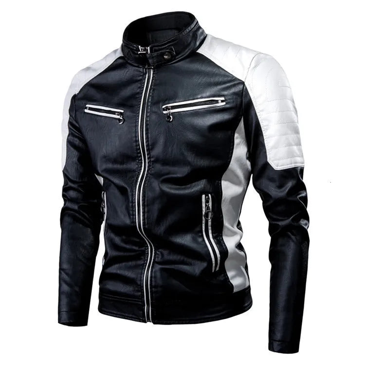 Men's PU Leather Motorcycle Jacket – Slim Fit Stand Collar Biker Coat