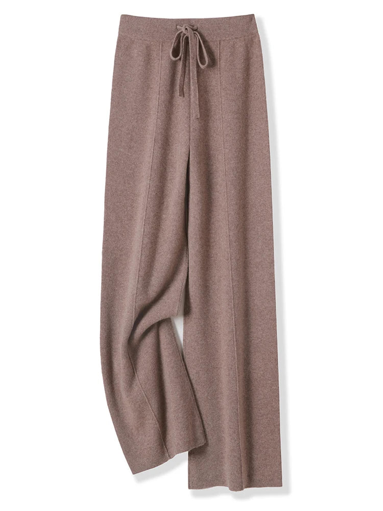 Women’s Merino Wool Wide Leg Pants – Soft Warm Knitted Casual Winter Trousers