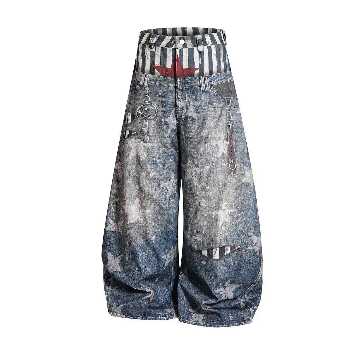 PFNW Men’s American Streetwear Wide-Leg Jeans – Loose Fit Fake Two-Piece Printed Denim Pants | 2026 Summer