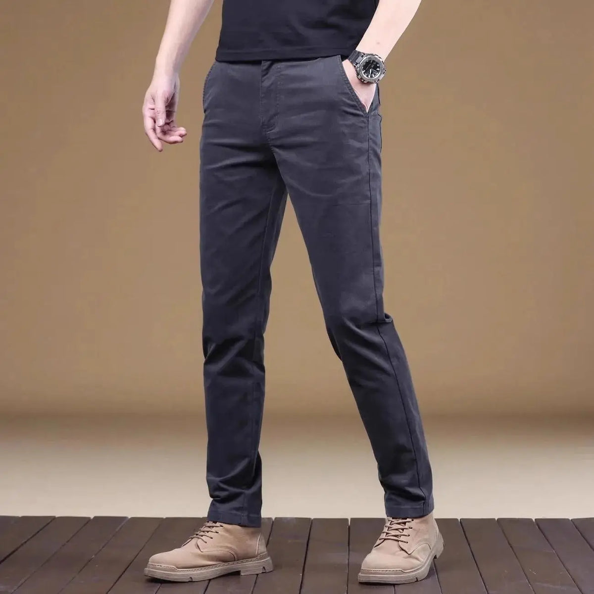Men’s Lightweight Cotton Casual Pants – Slim Straight-Leg Trousers with Elastic Waist | Stylish Business, Work & Summer Everyday Wear