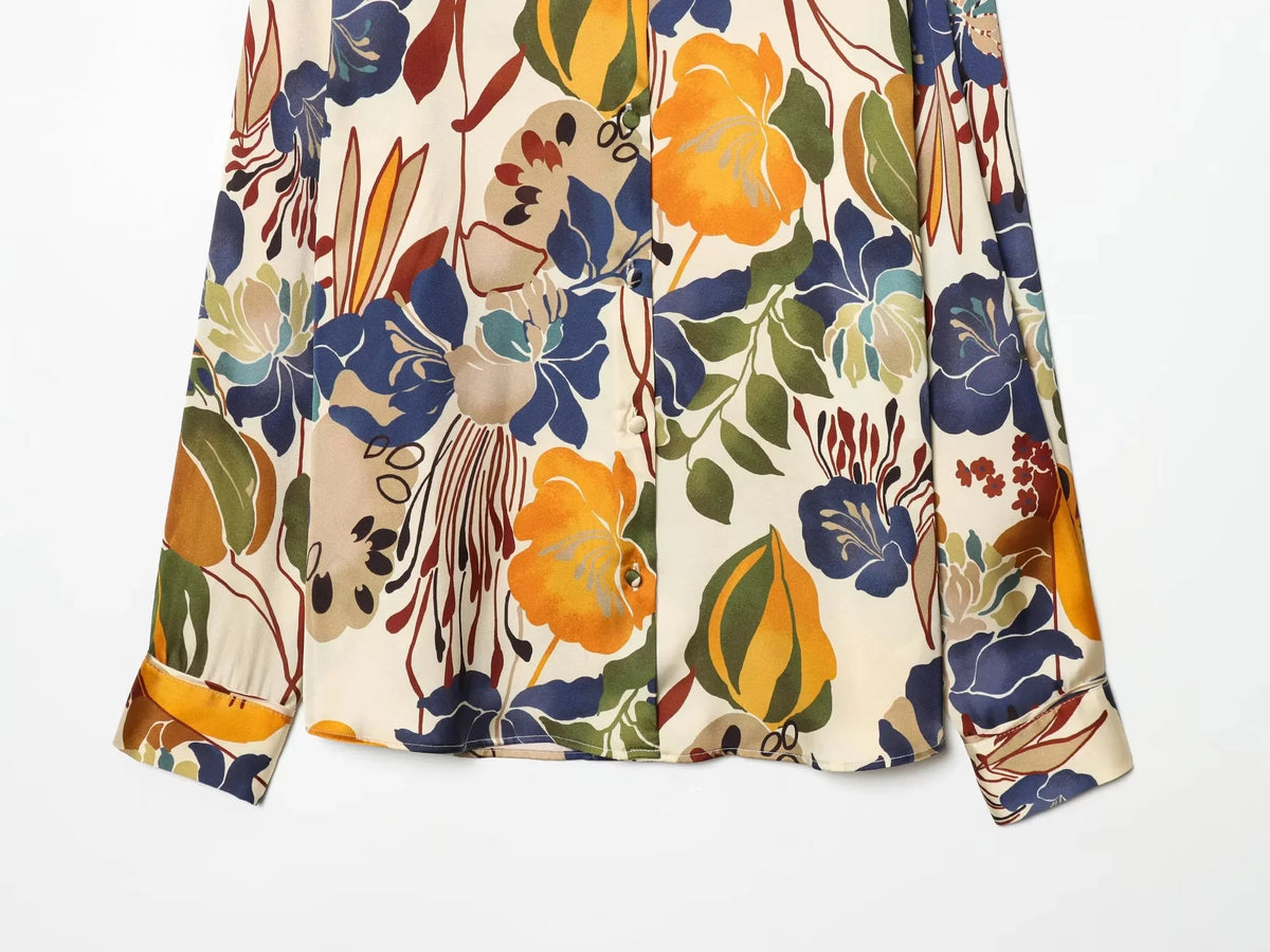Women’s Printed Turn-Down Collar Blouse – Loose Fit Single-Breasted Shirt for Spring/Summer