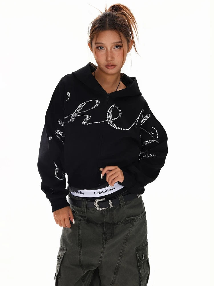 Women’s Vintage Hooded Jacket – Long Sleeve Rhinestone Punk Streetwear Coat, Casual Autumn Outerwear