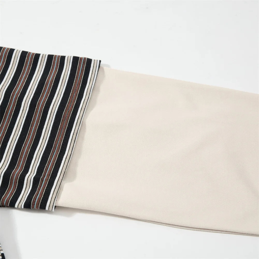 Men’s Striped Faux Two-Piece T-Shirt – Loose Fit Long Sleeve American Streetwear Top