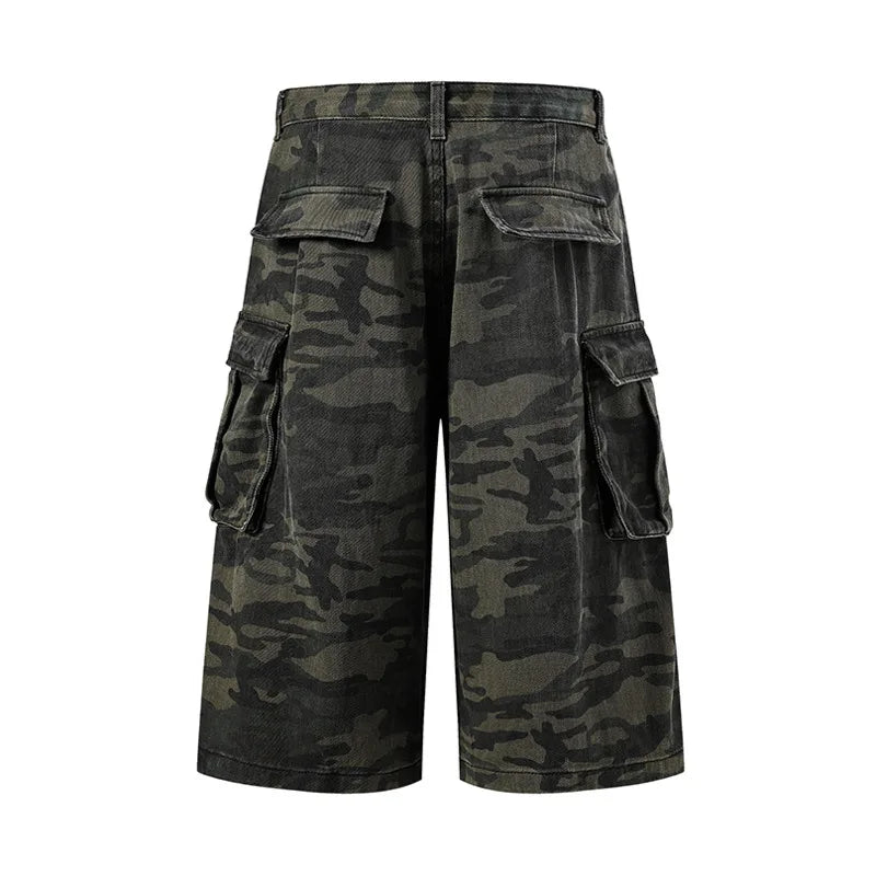 IEFB Men’s Camo Cargo Shorts – Washed Grey Baggy Denim Knee-Length Shorts | Streetwear