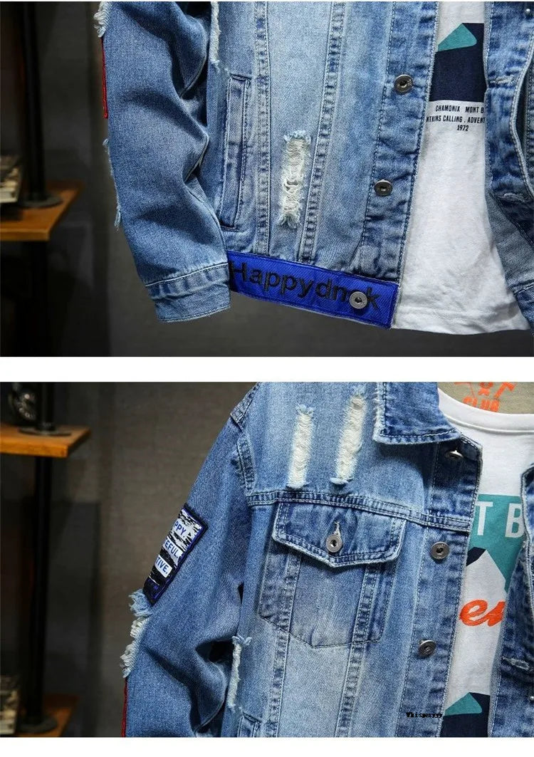Men Brand Denim Jacket Streetwear Punk Motorcycle Ripped Male Jeans Outwear