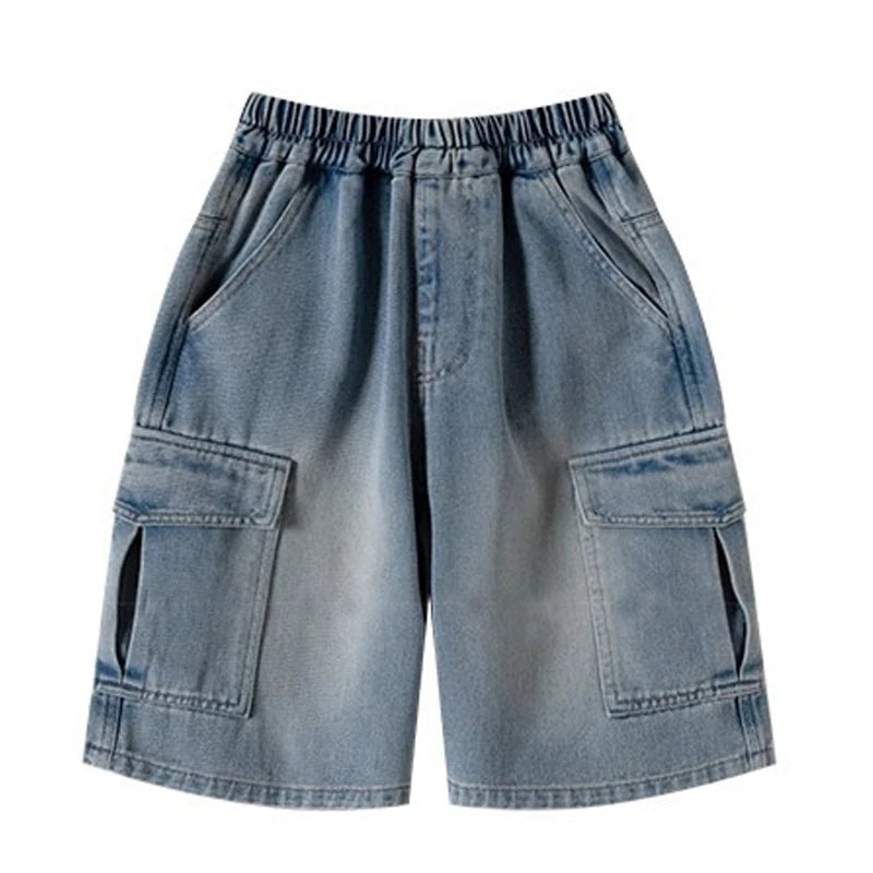 Boys’ Summer Denim Shorts – Loose Wide-Leg Knee-Length Jeans with Big Pockets | Solid Color Casual Streetwear for Kids & Teenagers