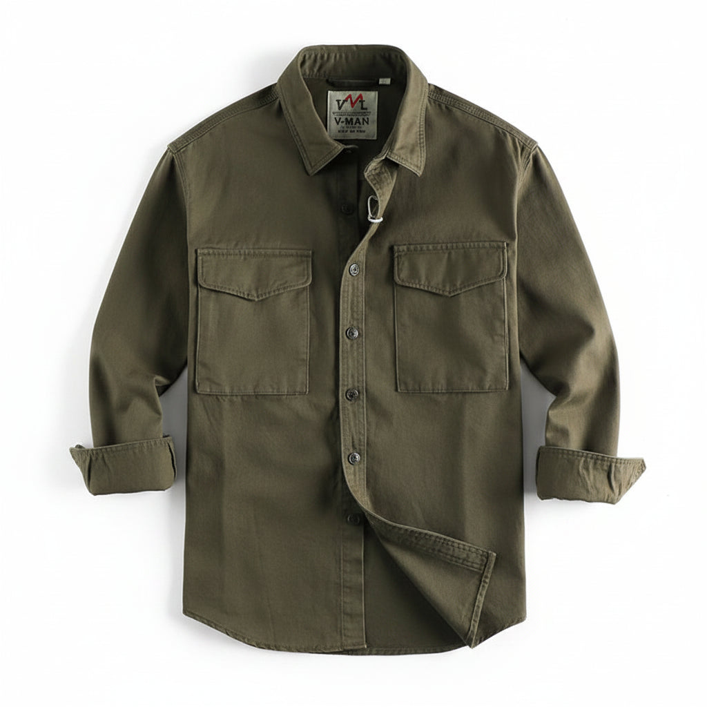 Men’s Retro Khaki Work Shirt Jacket – Solid Color Loose Fit with 3D Utility Pockets | Stylish Casual Autumn Overshirt