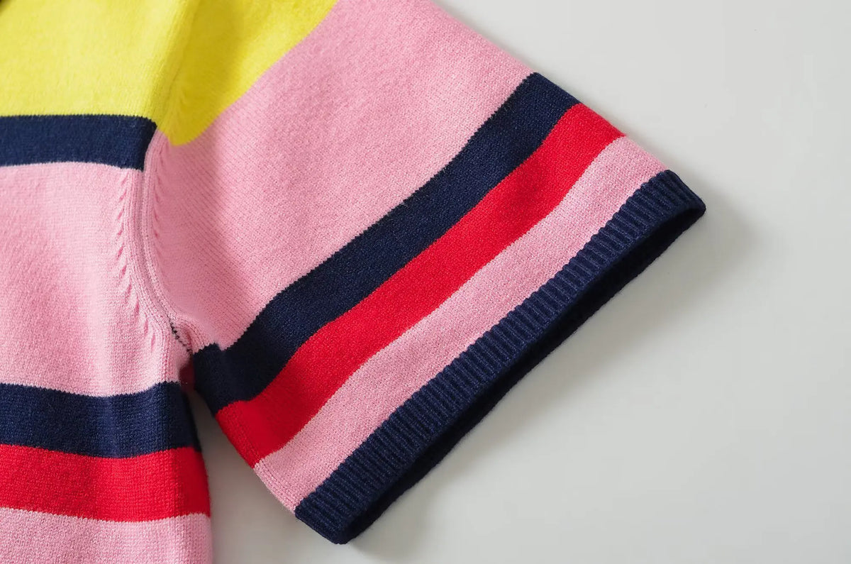 Women’s Striped Knitted Polo Shirt – Colorful Short Sleeve Summer Pullover Top
