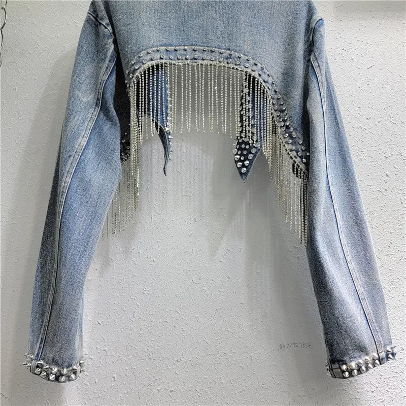 Rhinestone Beaded Tassels Rivets Denim Jacket Short Backless Jeans Coat