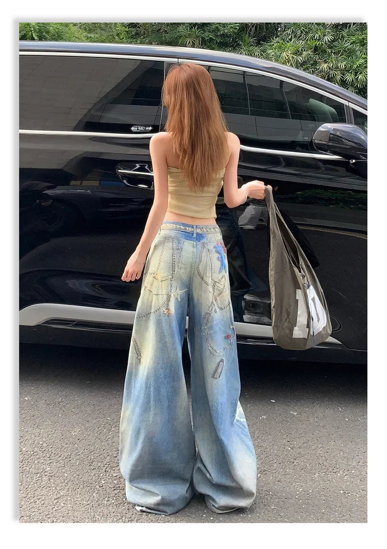 Mary's American Retro 3D Printed Chain Design Loose Wide Leg Denim Jeans