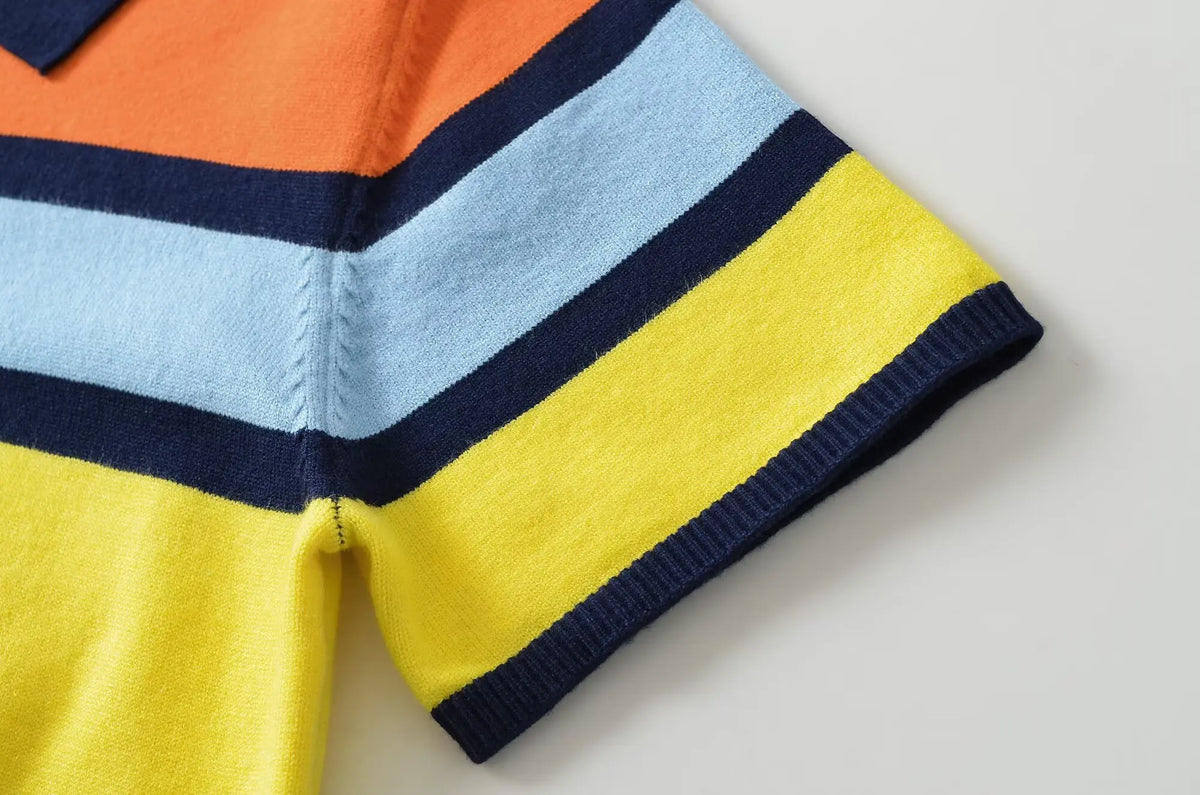 Women’s Striped Knitted Polo Shirt – Colorful Short Sleeve Summer Pullover Top