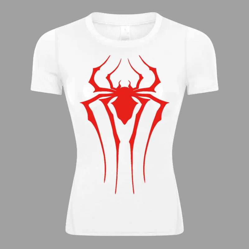 Women’s Spider Print Compression Shirt – Short Sleeve Athletic Top for Running, Gym & Yoga