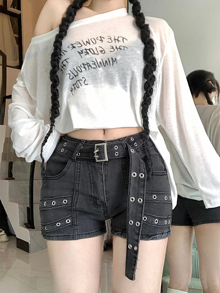 Women’s Black Gothic Denim Shorts – Y2K Vintage Cowboy Jorts | Harajuku Streetwear