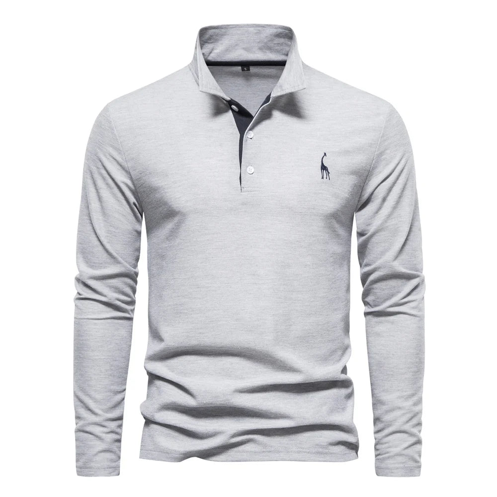 Men’s Premium Deer Embroidered Polo – Long Sleeve Solid Color Shirt | Smart Casual & Business Wear