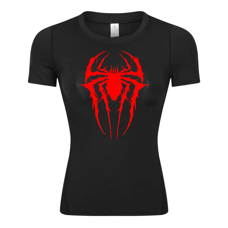 Women’s Spider Print Compression Shirt – Short Sleeve Athletic Top for Running, Gym & Yoga
