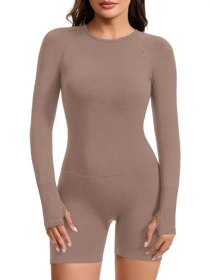 Women's Seamless Long Sleeve Yoga Jumpsuit – Open Back Gym Playsuit