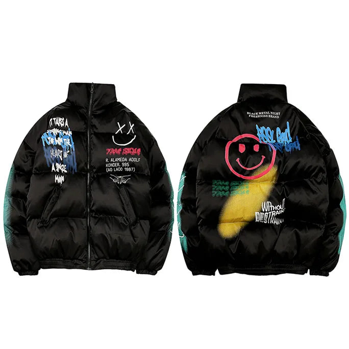 Hip Hop Parka Happy Graffiti Print Men Windbreaker Jacket