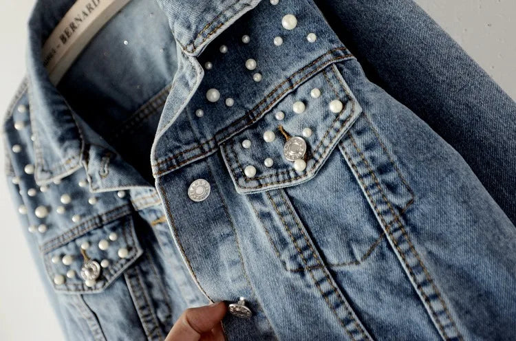 Women’s Beaded Denim Jacket – Loose Fit Embellished Winter Coat for Autumn & Winter