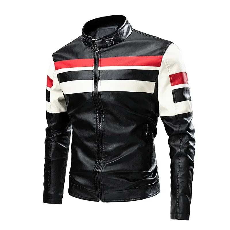 Men's PU Leather Motorcycle Jacket – Slim Fit Stand Collar Biker Coat
