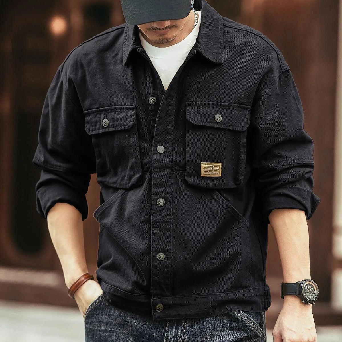 Men's Casual Loose Fit Denim Jacket – Multi-Pocket Workwear Streetwear Top