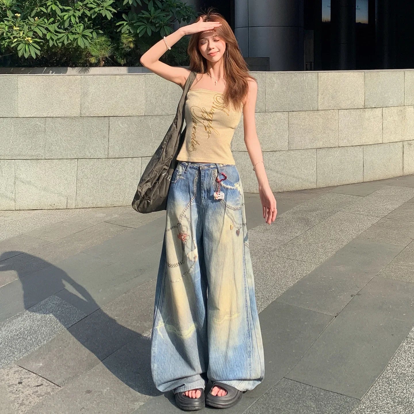 Mary's American Retro 3D Printed Chain Design Loose Wide Leg Denim Jeans