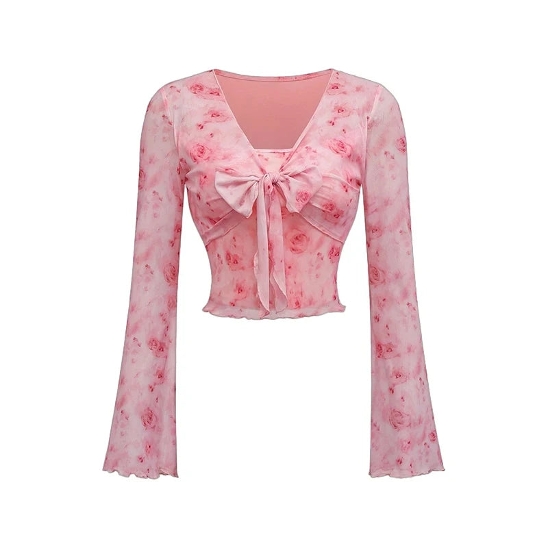 Women’s Y2K Floral V-Neck Top – Mesh Flare Sleeve Lace-Up Shirt