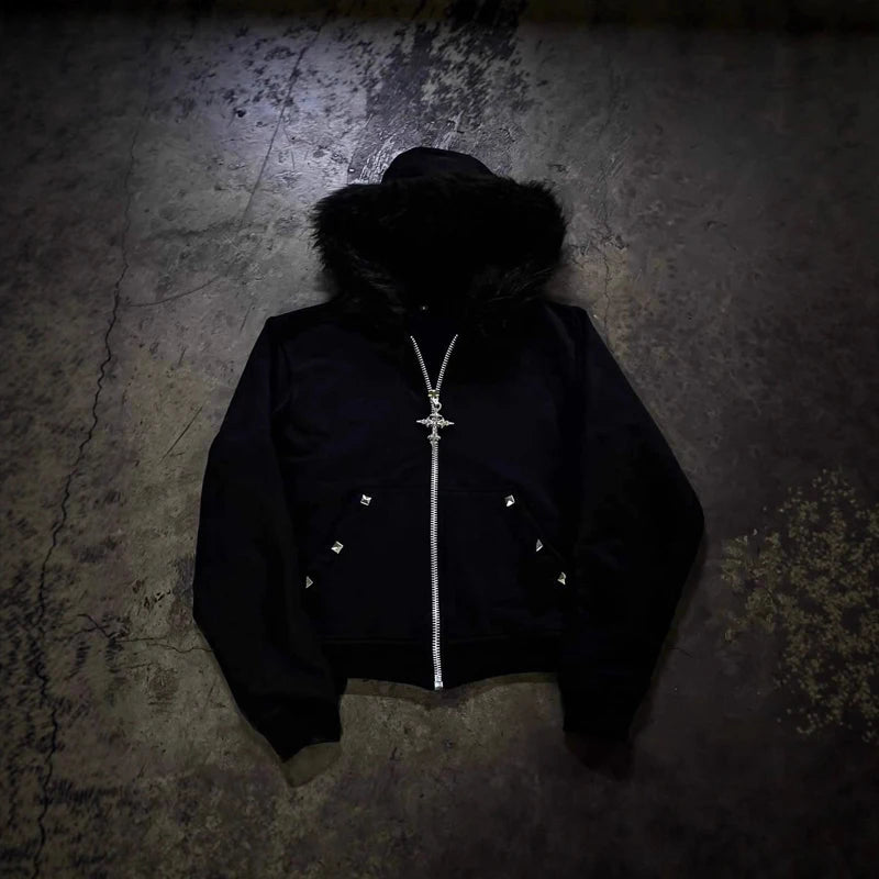 Unisex Y2K Faux Fur Collar Hoodie Jacket – Zip-Up Retro Punk Hip Hop Rock Streetwear Coat, Autumn & Winter