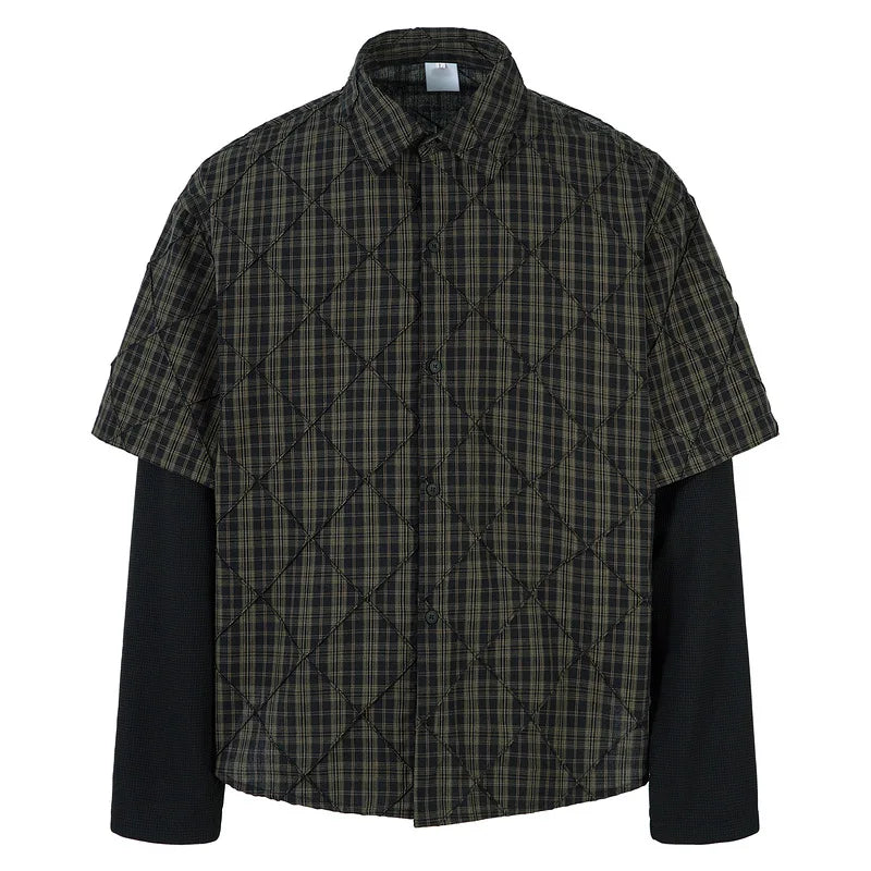 Men’s Plaid Layered Shirt – Loose Fit Long Sleeve Lapel Shirt