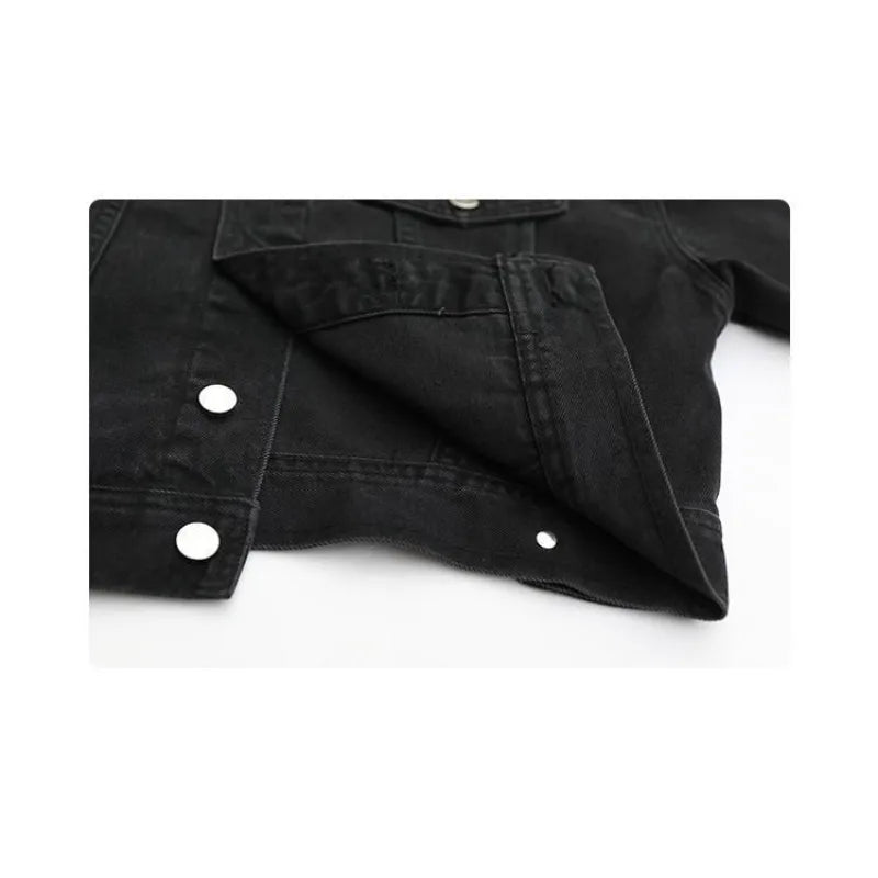 Men’s Vintage Black Denim Jacket – Loose Fit Long Sleeve Spring Streetwear Coat