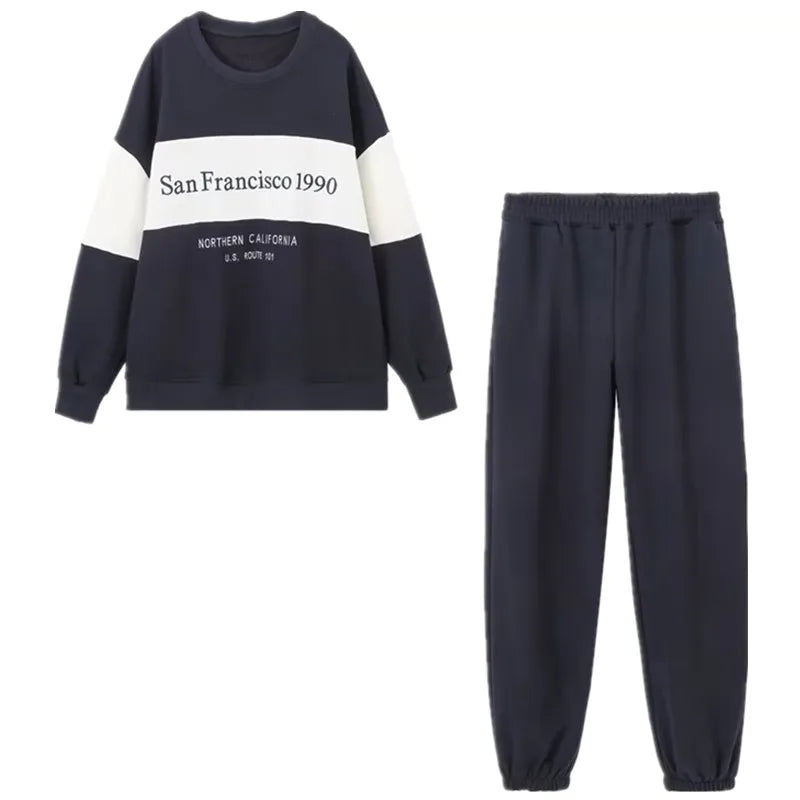Women’s Embroidered Text Sweatshirt – Long Sleeve Color Block Crew Neck Casual Top