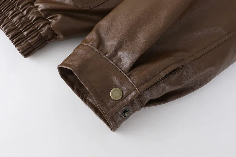 Women’s Faux Leather Fur-Lined Jacket – Warm Thick Vintage Motorcycle Coat, Long Sleeve Lapel Winter Outerwear