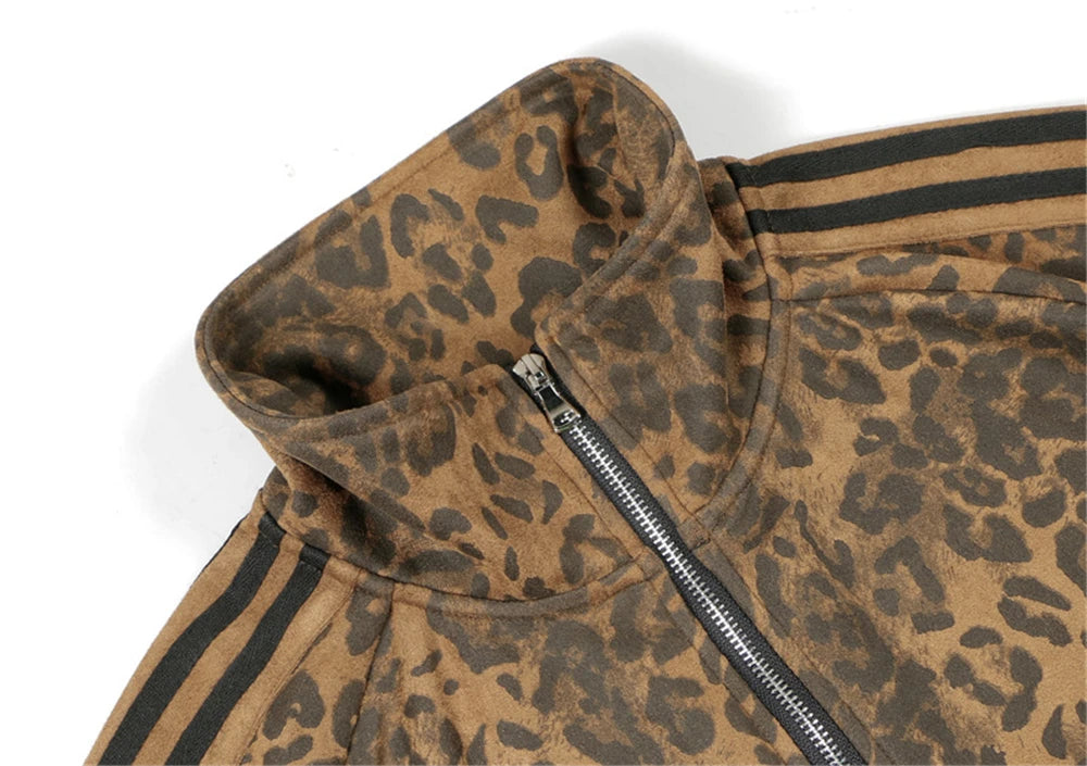 Unisex Leopard Print Suede Jacket – Vintage Stand Collar Zip-Up Coat, Harajuku Hip Hop Streetwear Outerwear