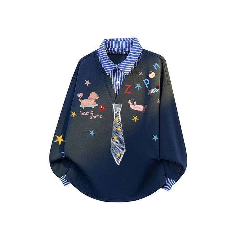 Women’s Kawaii Cartoon Print Sweatshirt – Loose-Fit Vintage Preppy Pullover, Cute Long Sleeve Patchwork Top