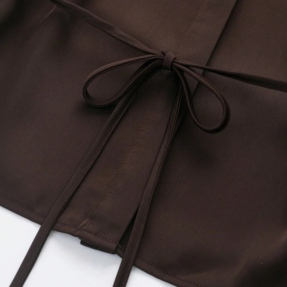 Women’s Satin Blouse – Belted Waist, Long Sleeve Lapel Top