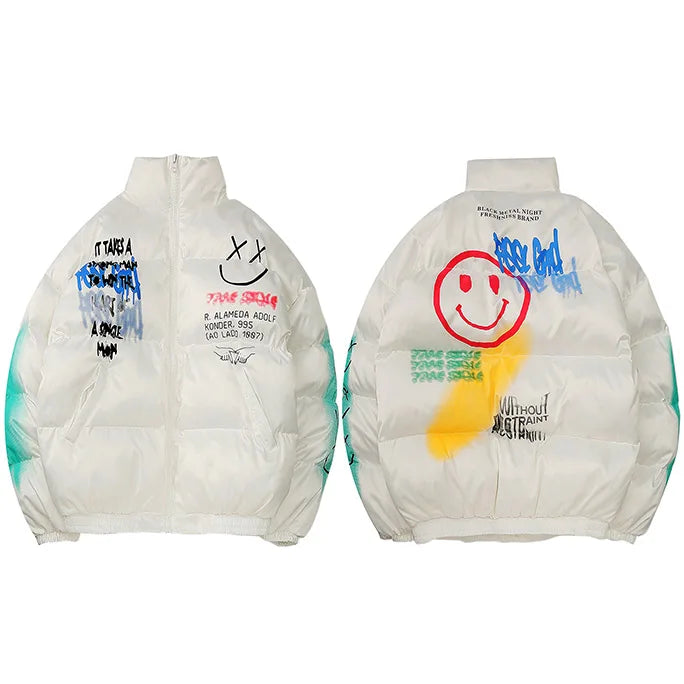 Hip Hop Parka Happy Graffiti Print Men Windbreaker Jacket
